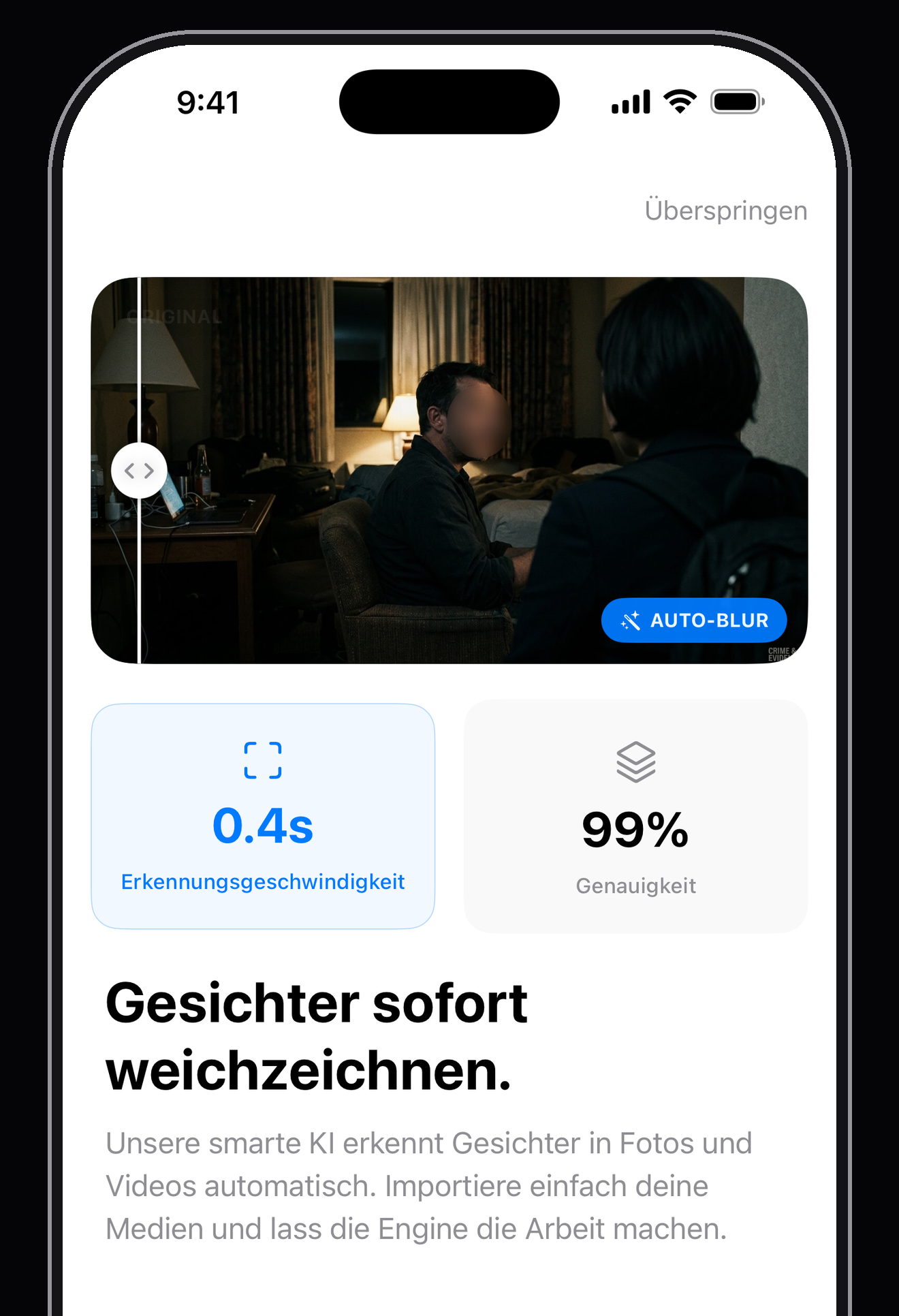 Deface verpixelt automatisch ein Gesicht in einem Foto auf dem iPhone